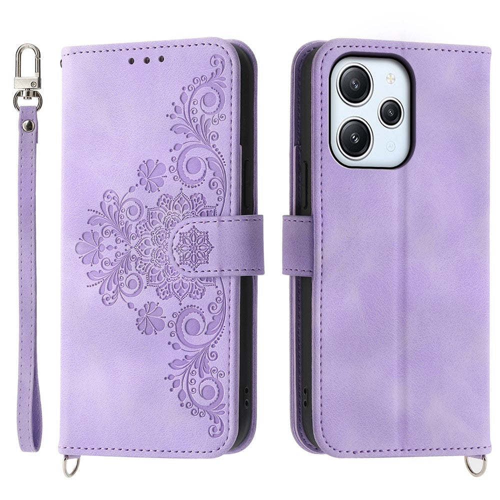 Phone Case for Xiaomi Redmi 12 4G , Imprinted Flower Stand Wallet Leather Cover with Wrist Strap + Shoulder Strap