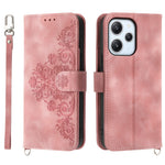 Phone Case for Xiaomi Redmi 12 4G , Imprinted Flower Stand Wallet Leather Cover with Wrist Strap + Shoulder Strap