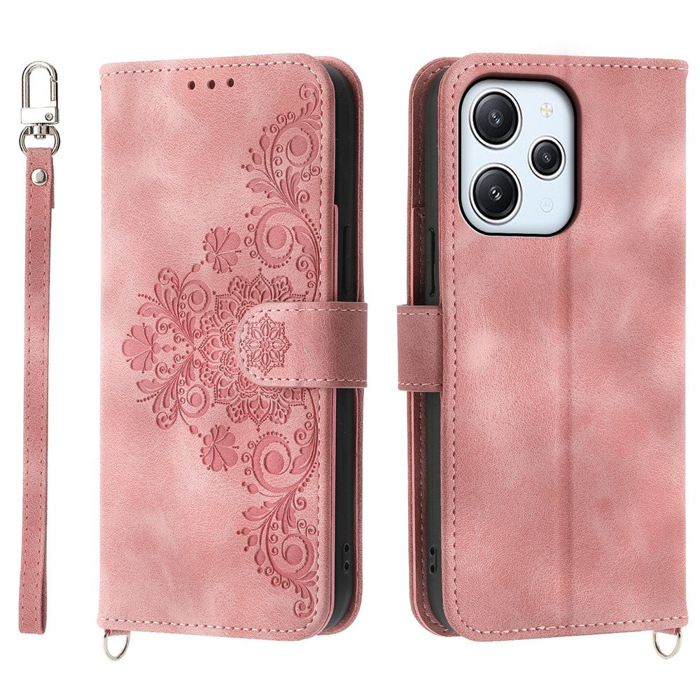 Phone Case for Xiaomi Redmi 12 4G , Imprinted Flower Stand Wallet Leather Cover with Wrist Strap + Shoulder Strap