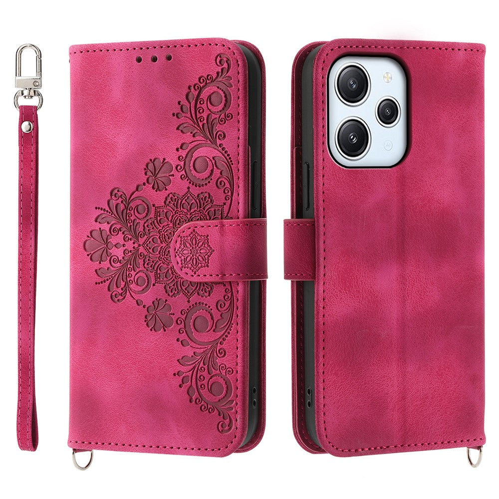 Phone Case for Xiaomi Redmi 12 4G , Imprinted Flower Stand Wallet Leather Cover with Wrist Strap + Shoulder Strap
