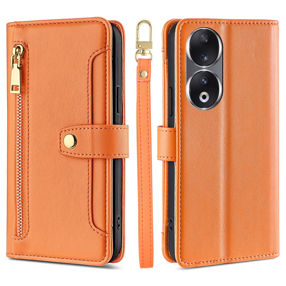 For Honor 90 Zipper Pocket Phone Leather Case Multiple Card Slots Anti-Drop Cover with Straps