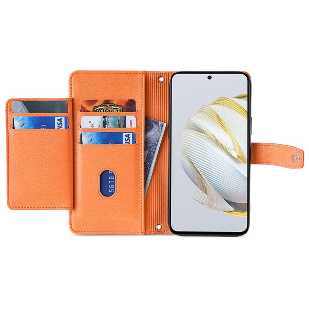 For Honor 90 Zipper Pocket Phone Leather Case Multiple Card Slots Anti-Drop Cover with Straps