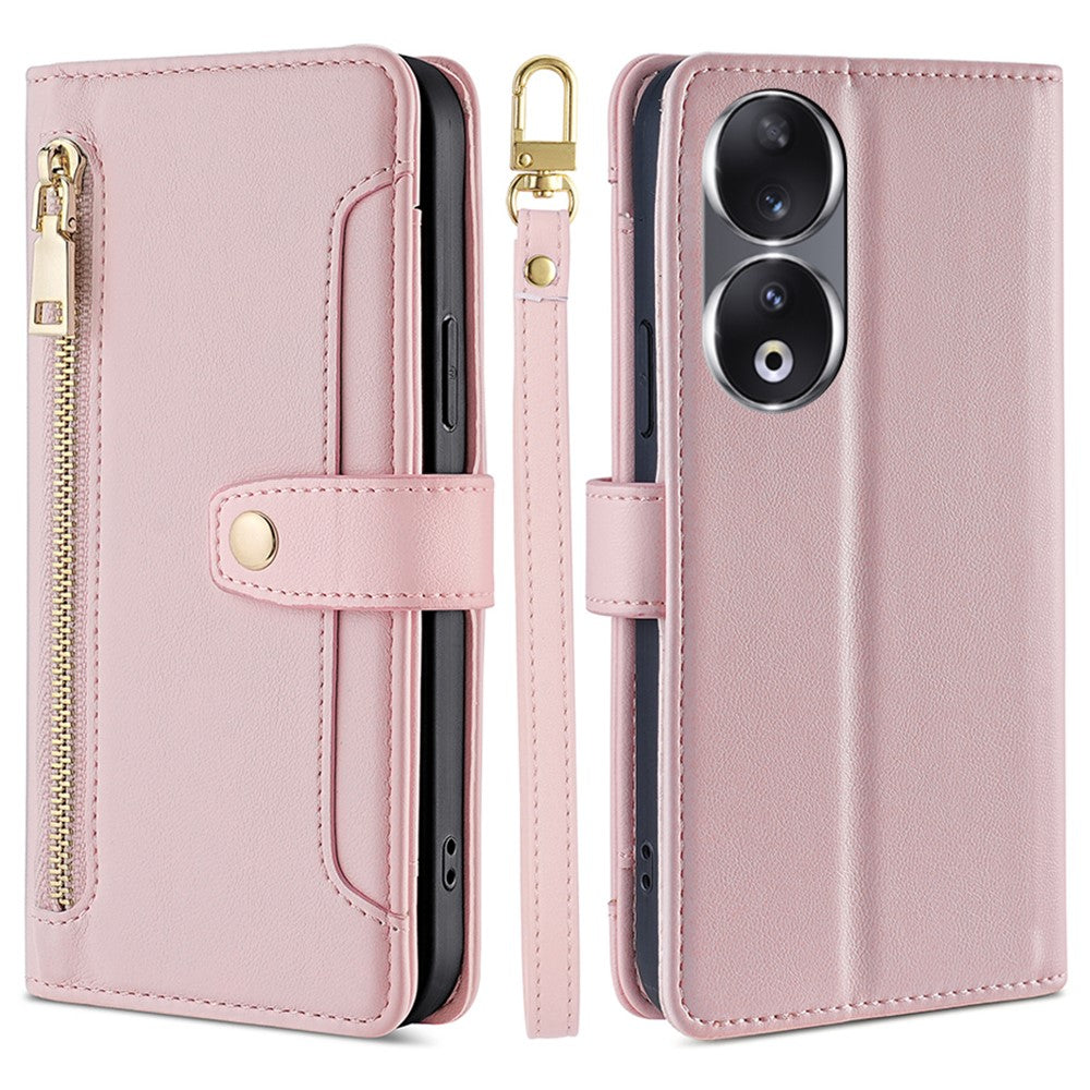 For Honor 90 Zipper Pocket Phone Leather Case Multiple Card Slots Anti-Drop Cover with Straps