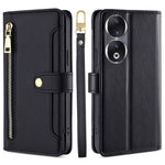 For Honor 90 Zipper Pocket Phone Leather Case Multiple Card Slots Anti-Drop Cover with Straps