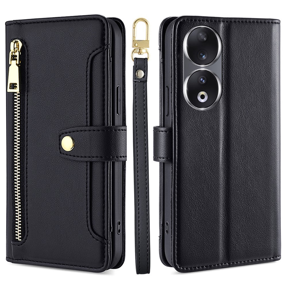 For Honor 90 Zipper Pocket Phone Leather Case Multiple Card Slots Anti-Drop Cover with Straps
