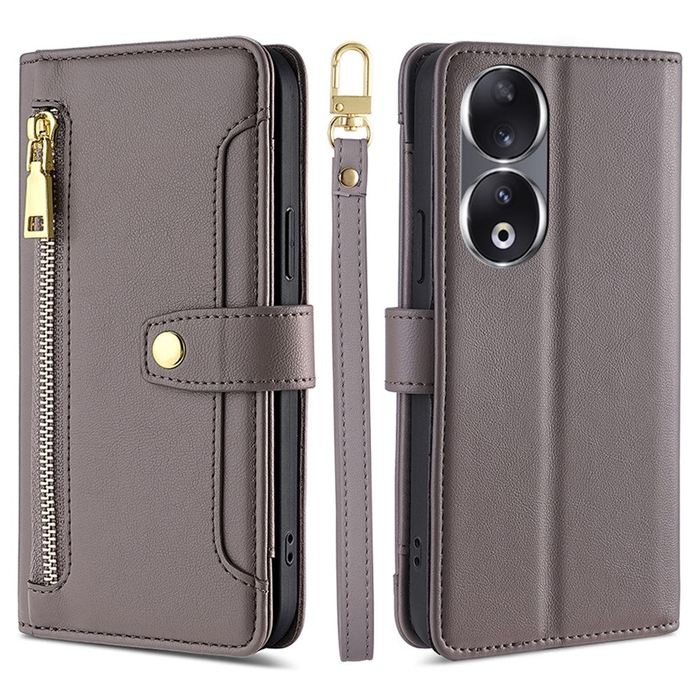 For Honor 90 Zipper Pocket Phone Leather Case Multiple Card Slots Anti-Drop Cover with Straps