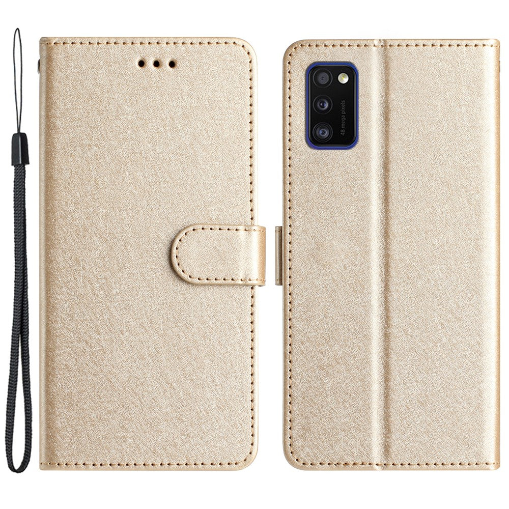 Magnetic Clasp Case for Samsung Galaxy A41 (Global Version) Silk Texture Leather Wallet Stand Shell with Hand Strap