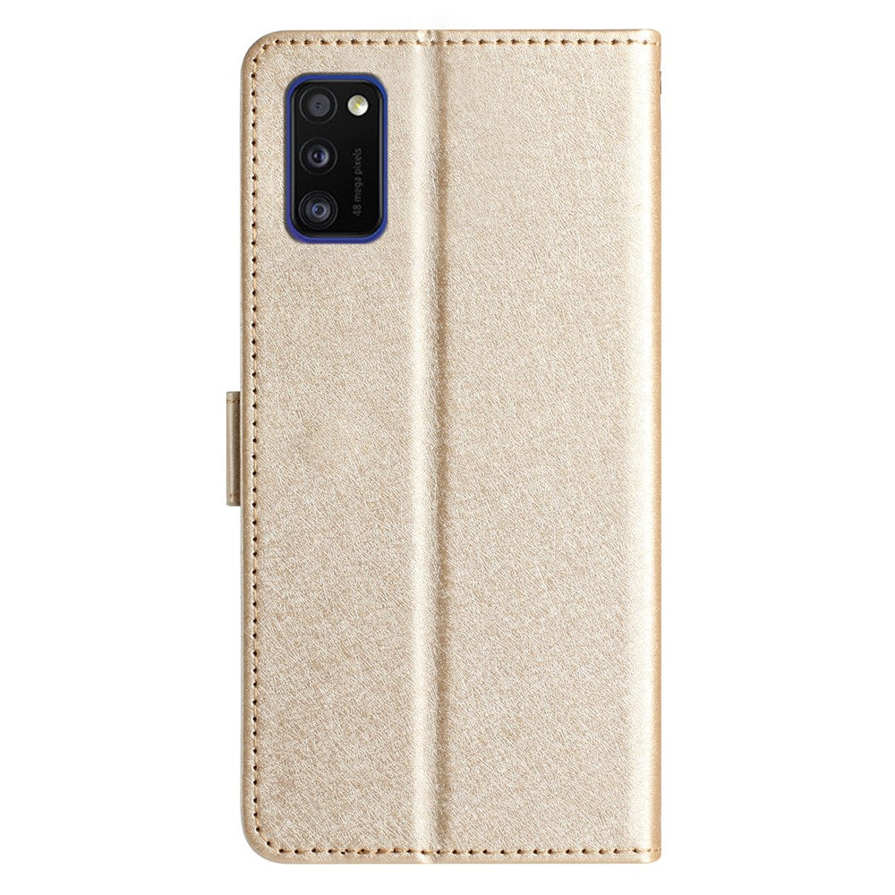 Magnetic Clasp Case for Samsung Galaxy A41 (Global Version) Silk Texture Leather Wallet Stand Shell with Hand Strap