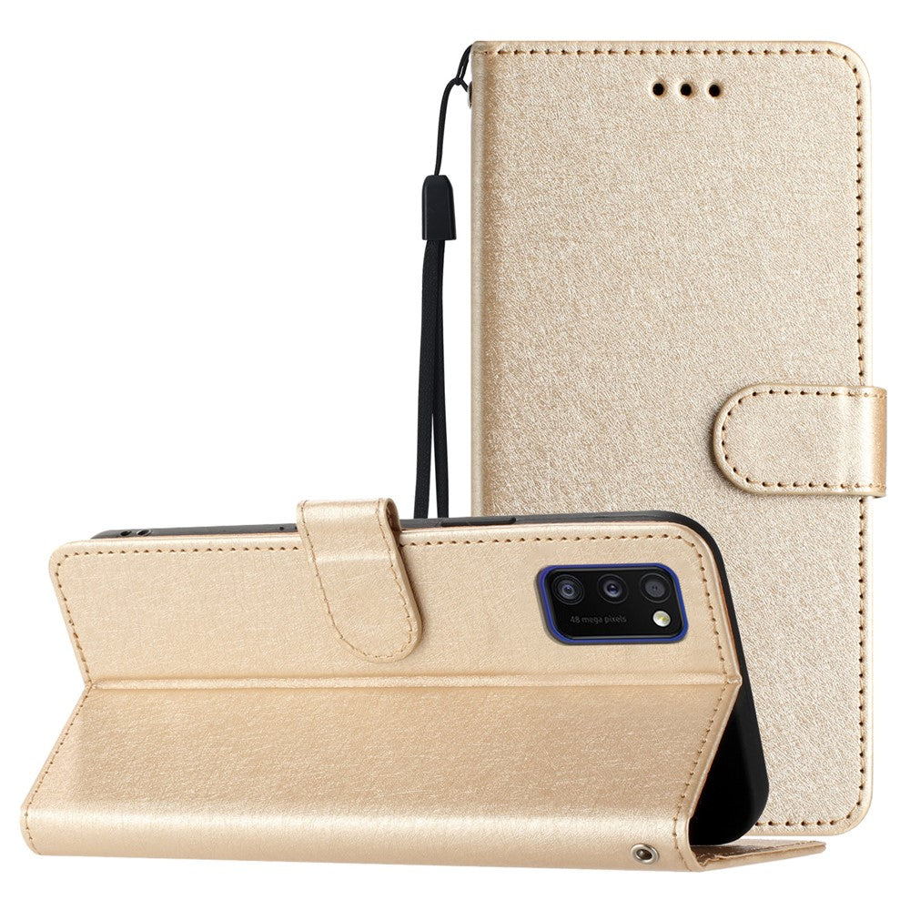 Magnetic Clasp Case for Samsung Galaxy A41 (Global Version) Silk Texture Leather Wallet Stand Shell with Hand Strap