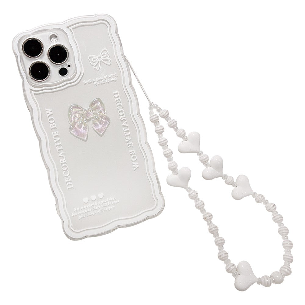 Krystalklart telefoncover til iPhone 12 Pro, fleksibelt TPU-telefoncover med sløjfedekor og håndledsrem
