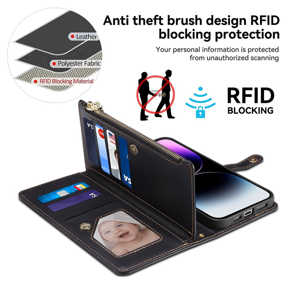 ESEBLE Wallet Leather Phone Case for iPhone 15 Plus , RFID Blocking Zipper Pocket Phone Stand Cover