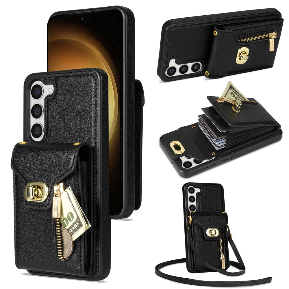 For Samsung Galaxy S23+ Card Slots Zipper Pocket Phone Case Kickstand Leather Coated TPU Cover