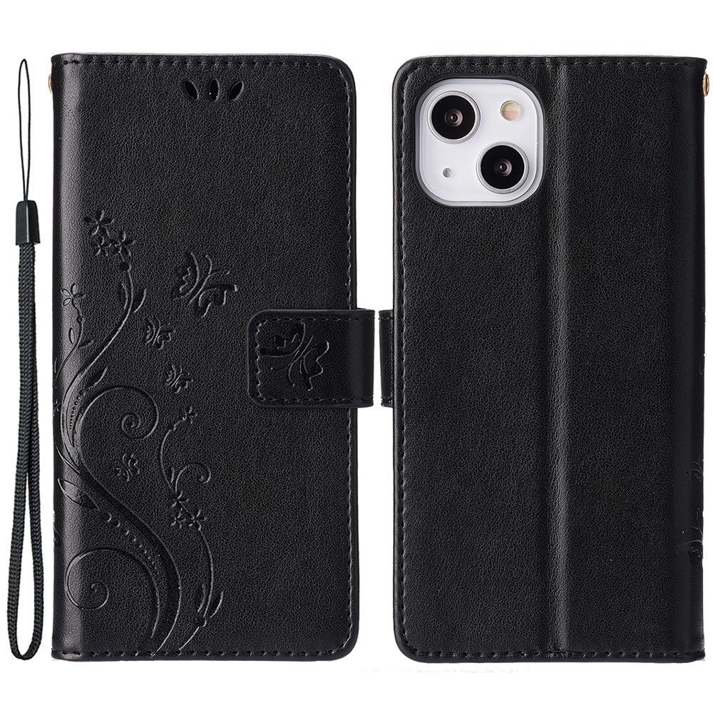 For iPhone 15 Imprinted Butterflies Mobile Phone Stand Case PU Leather Wallet Shell with Strap