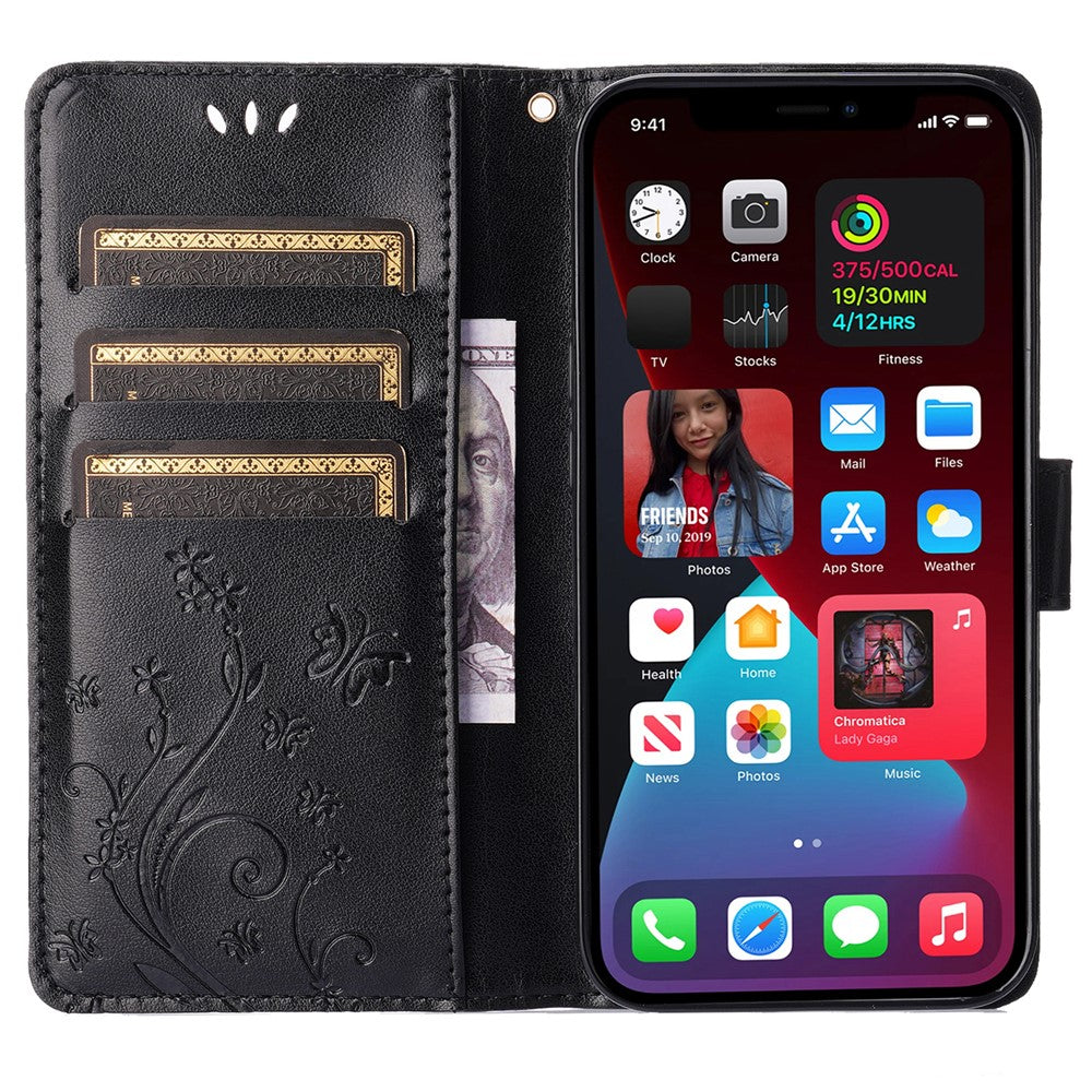For iPhone 15 Imprinted Butterflies Mobile Phone Stand Case PU Leather Wallet Shell with Strap