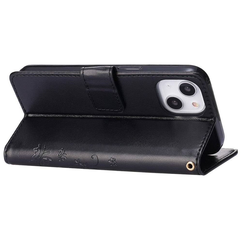 For iPhone 15 Imprinted Butterflies Mobile Phone Stand Case PU Leather Wallet Shell with Strap