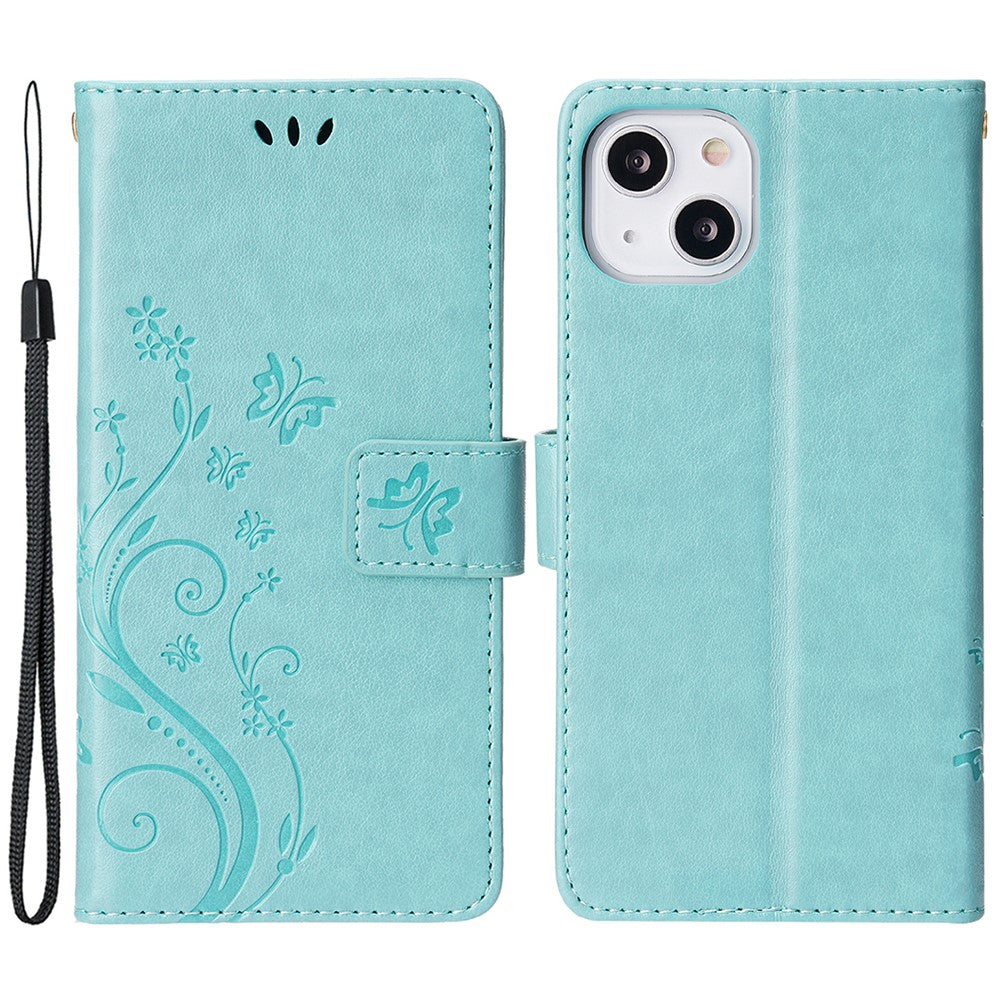 For iPhone 15 Imprinted Butterflies Mobile Phone Stand Case PU Leather Wallet Shell with Strap