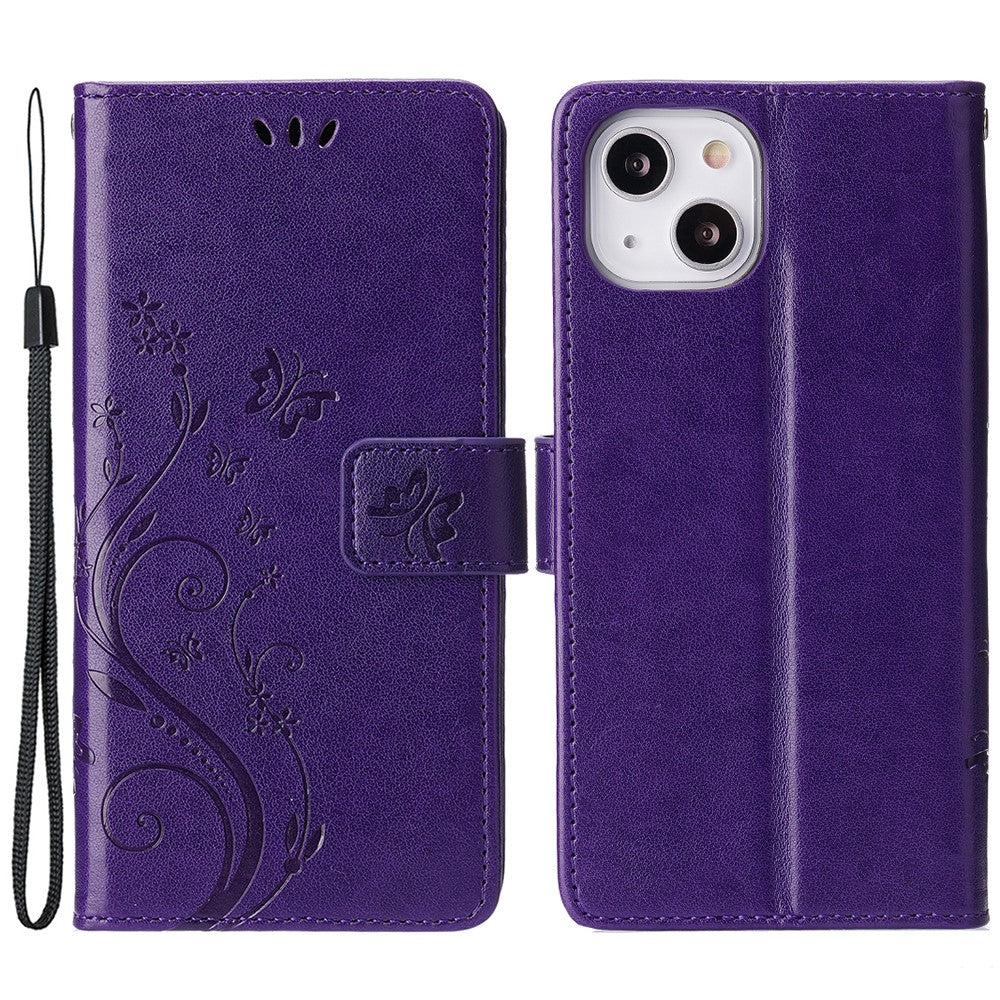 For iPhone 15 Imprinted Butterflies Mobile Phone Stand Case PU Leather Wallet Shell with Strap