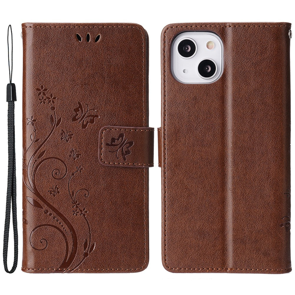 For iPhone 15 Imprinted Butterflies Mobile Phone Stand Case PU Leather Wallet Shell with Strap