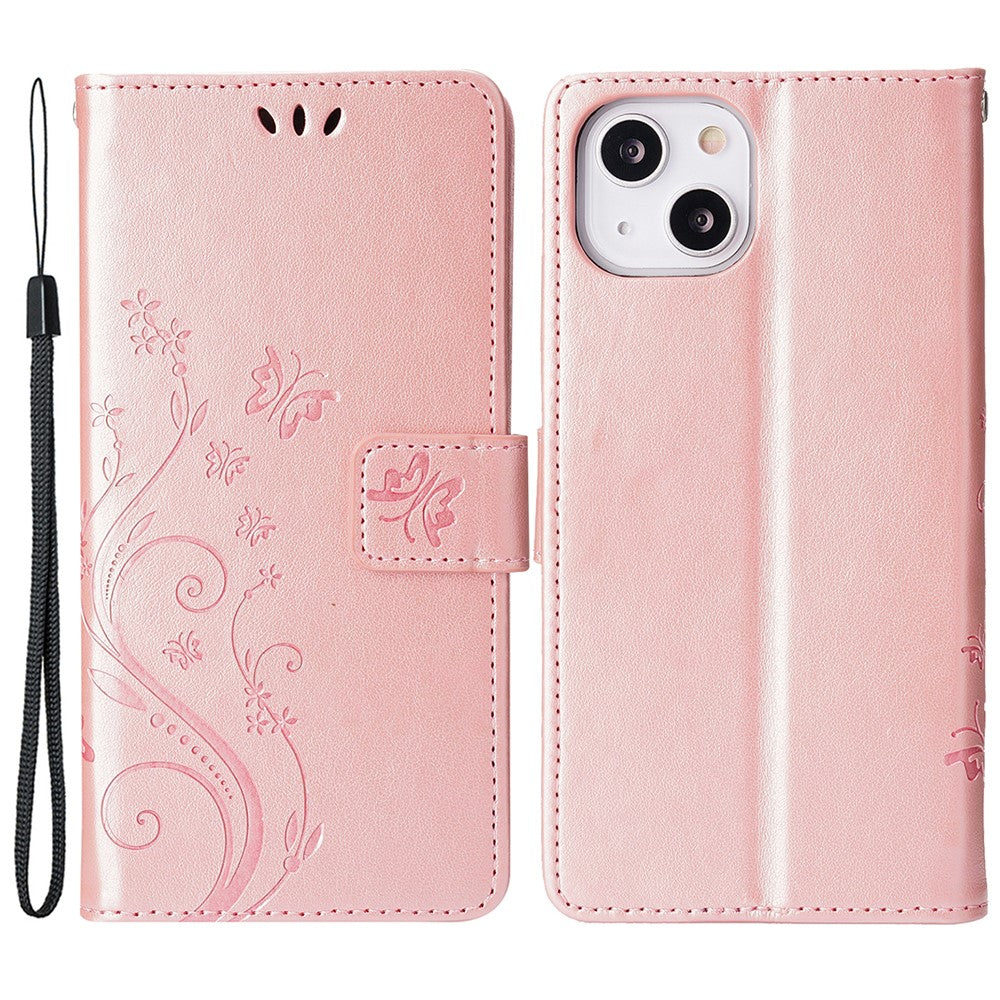 For iPhone 15 Imprinted Butterflies Mobile Phone Stand Case PU Leather Wallet Shell with Strap
