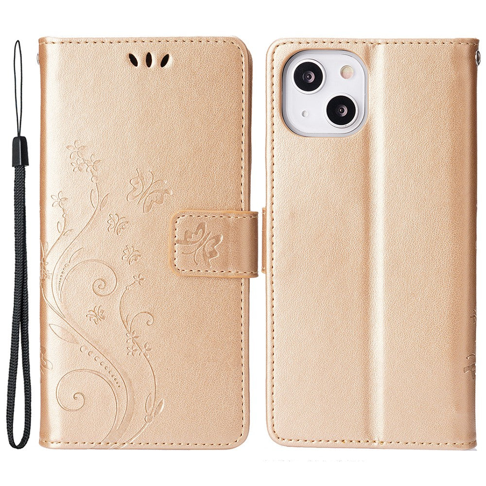 For iPhone 15 Imprinted Butterflies Mobile Phone Stand Case PU Leather Wallet Shell with Strap