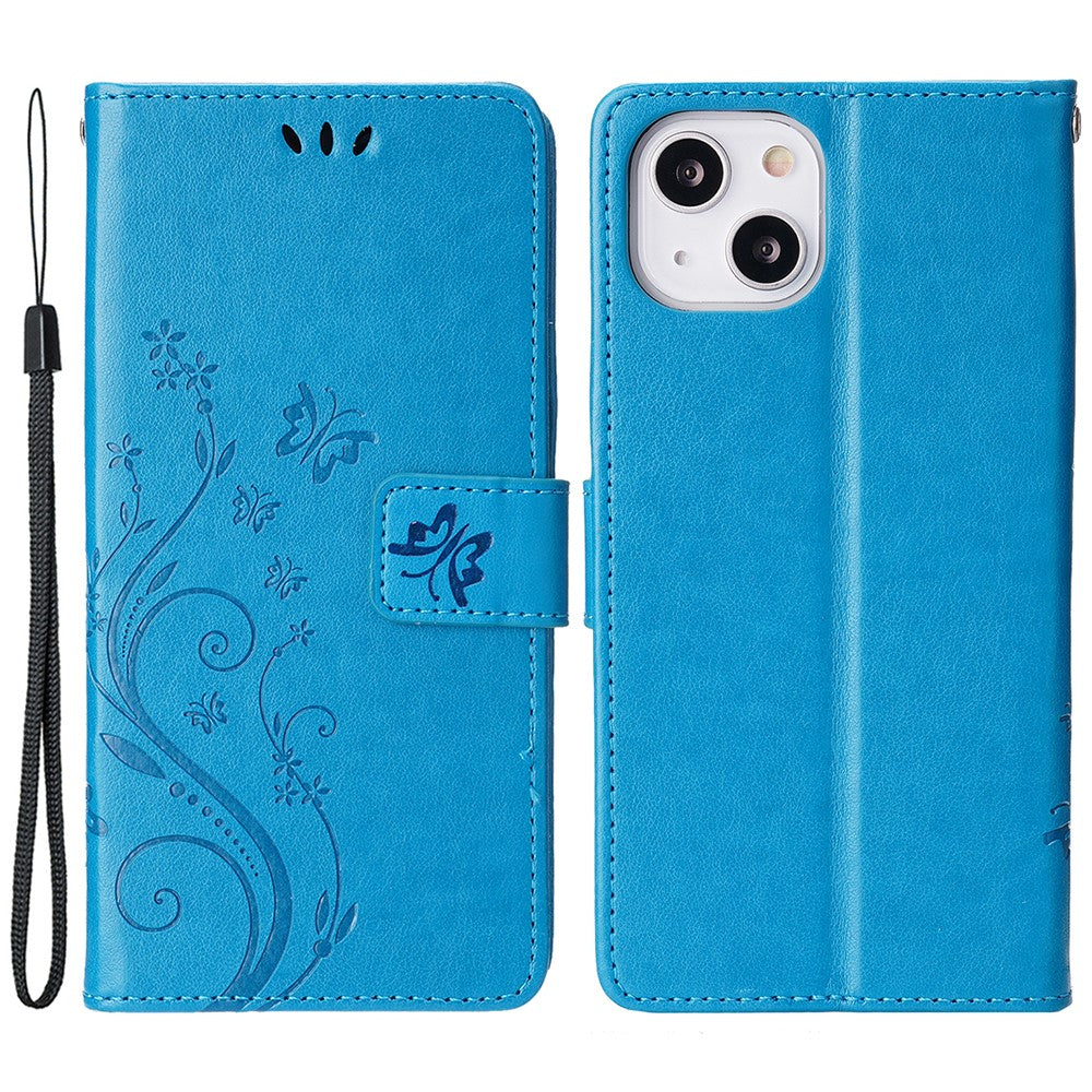 For iPhone 15 Imprinted Butterflies Mobile Phone Stand Case PU Leather Wallet Shell with Strap