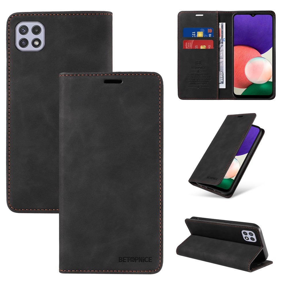 BETOPNICE 003 For Samsung Galaxy A22 5G (EU Version) Wallet PU Leather Shell RFID Blocking Flip Cover Stand Phone Case