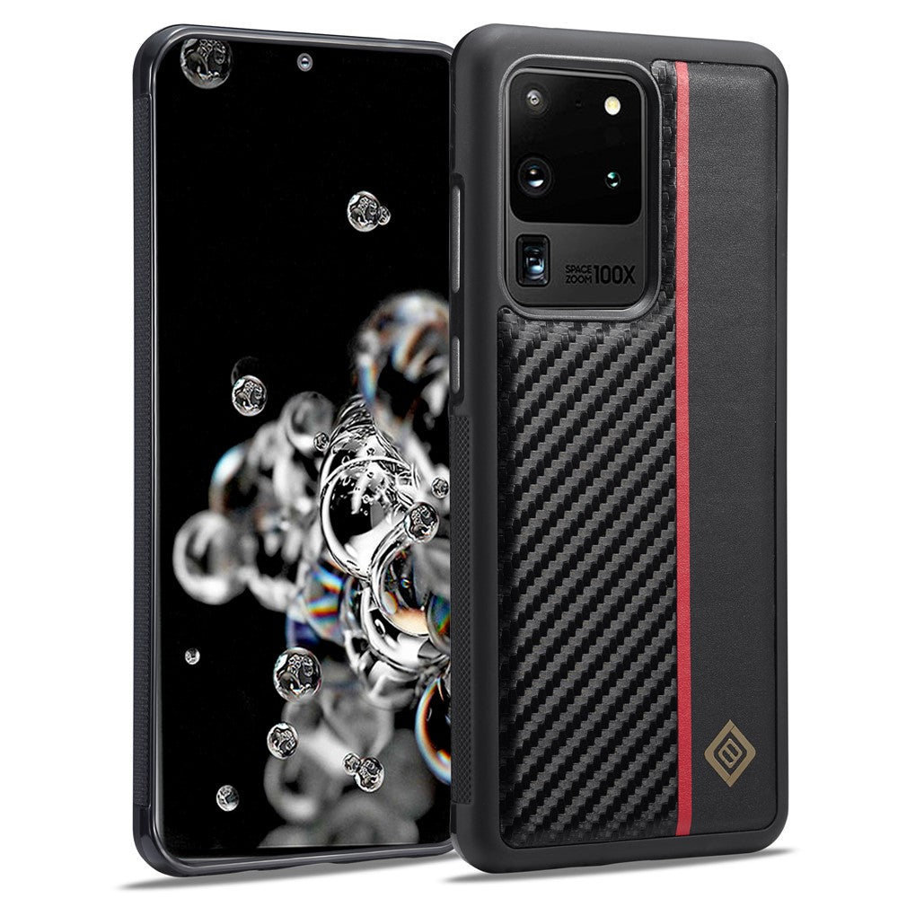 LC.IMEEKE Carbonfiber-samlet cover til Samsung Galaxy S20 Ultra, PU-læderbelagt TPU + EVA-cover