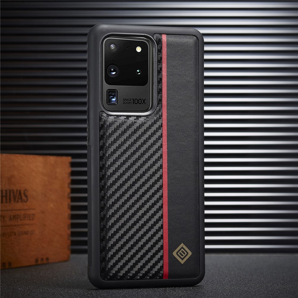 LC.IMEEKE Carbonfiber-samlet cover til Samsung Galaxy S20 Ultra, PU-læderbelagt TPU + EVA-cover