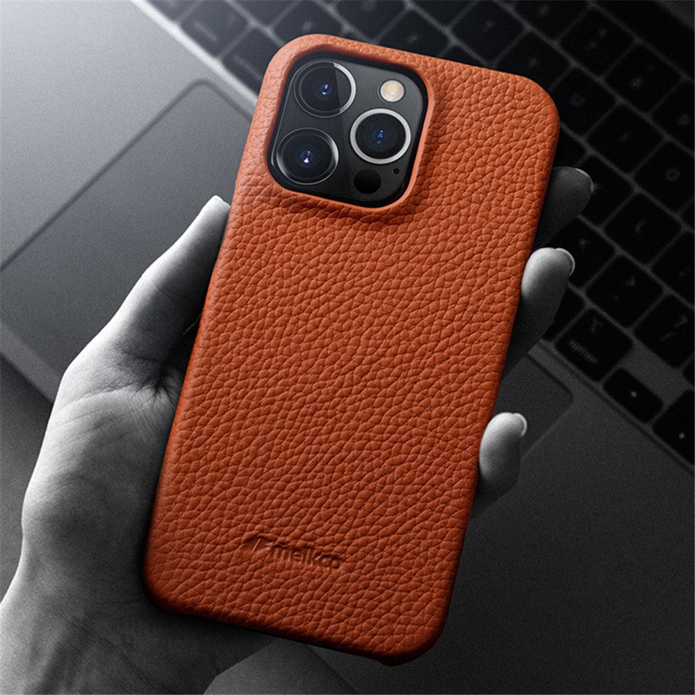 MELKCO For iPhone 14 Pro Max Genuine Cow Leather Coated PC Back Case Soft Microfiber Lining Incomplete Cover Phone Case
