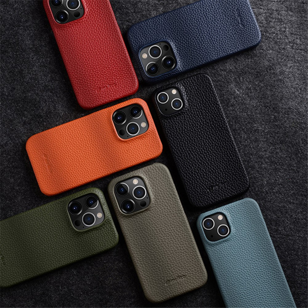 MELKCO For iPhone 14 Pro Max Genuine Cow Leather Coated PC Back Case Soft Microfiber Lining Incomplete Cover Phone Case