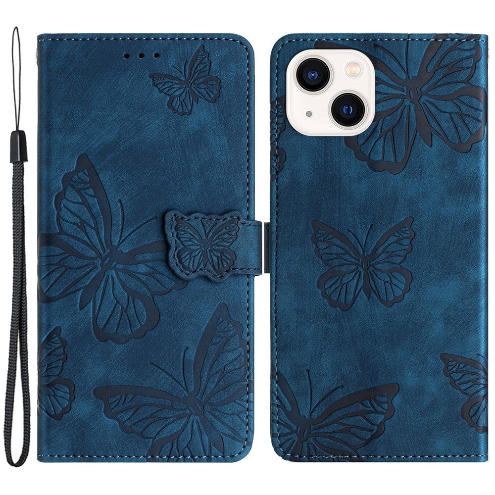 Til iPhone 15 Plus Imprinted Butterflies Telefonetui PU Læder Pung Stativ Skin-touch Cover med Strop