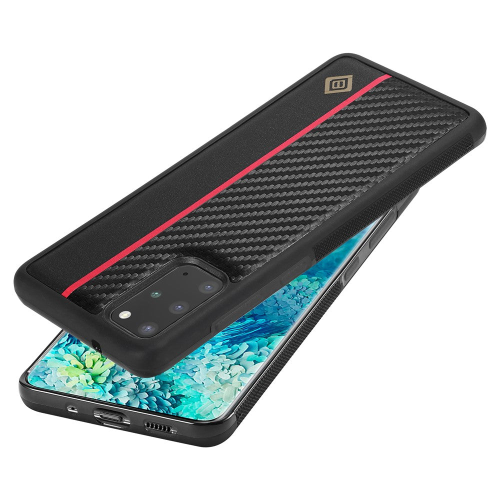 LC.IMEEKE mobilcover til Samsung Galaxy S20 Plus 4G / 5G, kulfibertekstur, bagside i læder+TPU+EVA