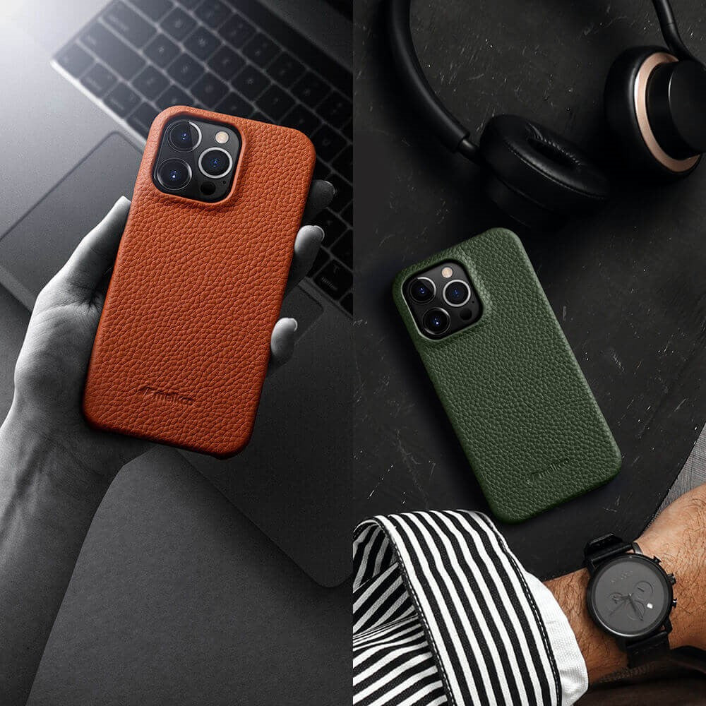 MELKCO For iPhone 13 Pro Max 6.7 inch Large Cutout Phone Case Genuine Cow Leather+PC Cover