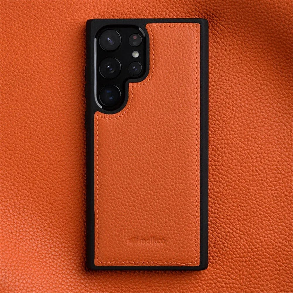 MELKCO For Samsung Galaxy S23 Ultra Phone Cover Genuine Cow Leather Coated Hard PC Slim Case
