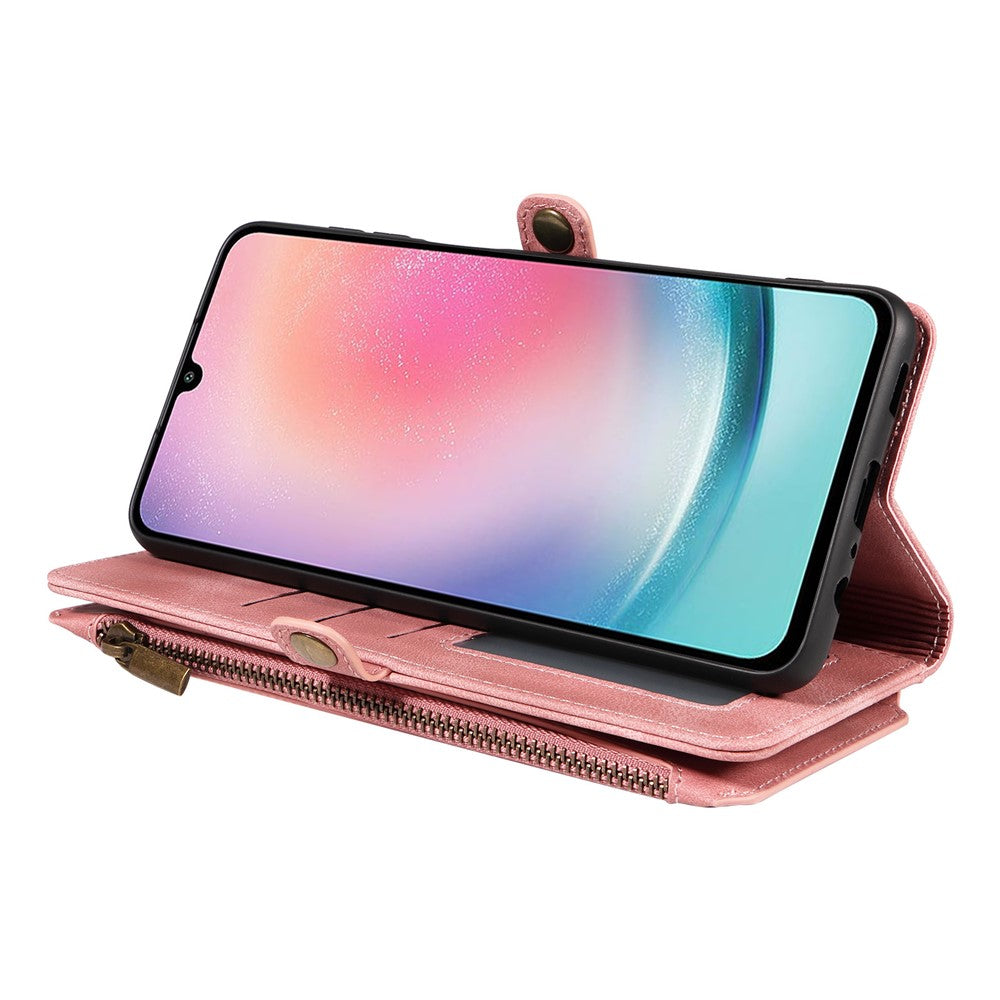 Til Samsung Galaxy A24 4G (162,1 x 77,6 x 8,3 mm) Lynlåslomme Sammenfoldeligt Stativ Pung Læderetui Telefoncover med Rem
