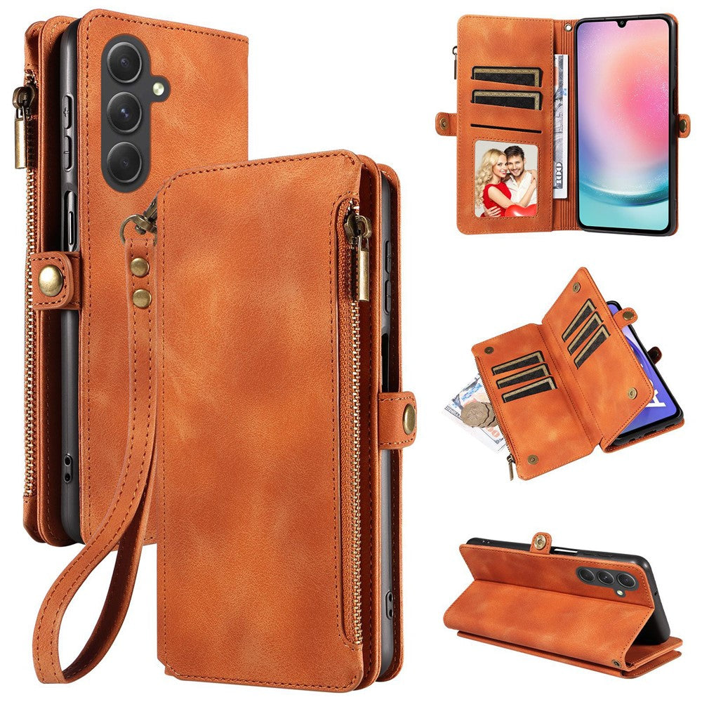 Til Samsung Galaxy A24 4G (162,1 x 77,6 x 8,3 mm) Lynlåslomme Sammenfoldeligt Stativ Pung Læderetui Telefoncover med Rem