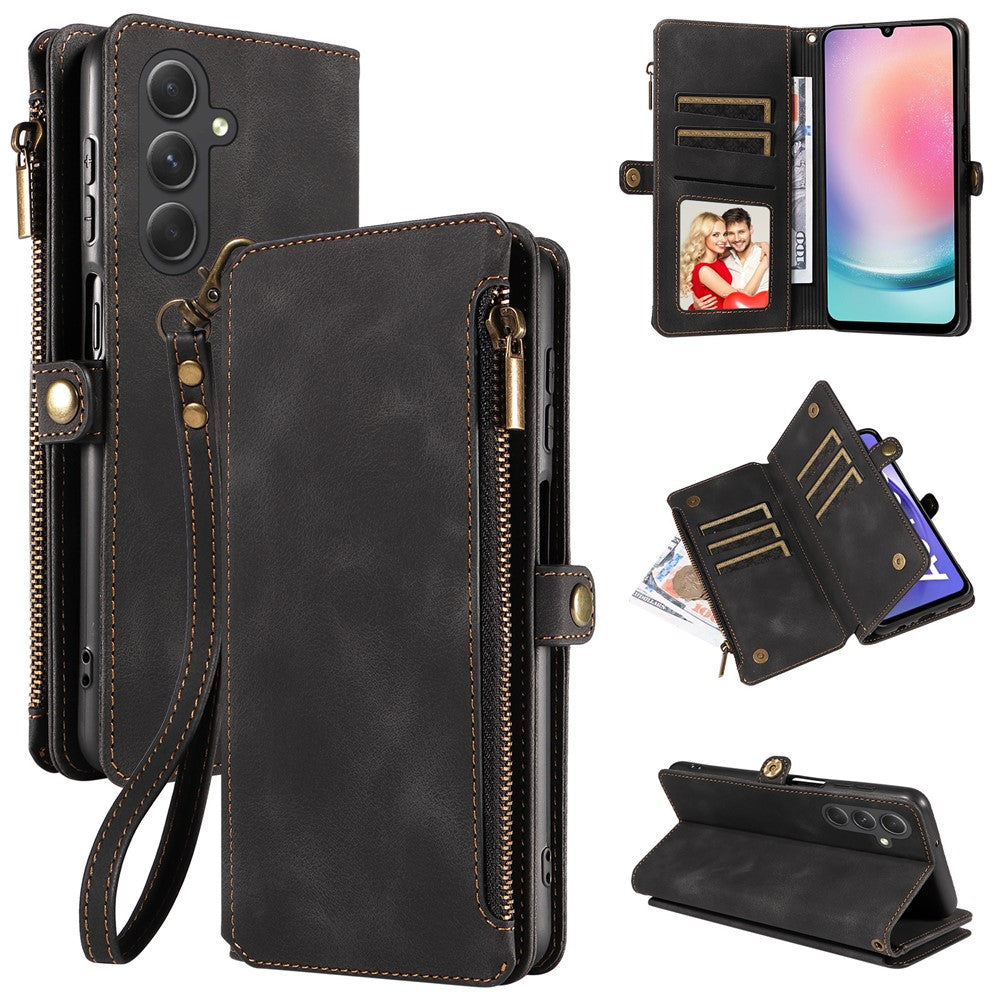 Til Samsung Galaxy A24 4G (162,1 x 77,6 x 8,3 mm) Lynlåslomme Sammenfoldeligt Stativ Pung Læderetui Telefoncover med Rem