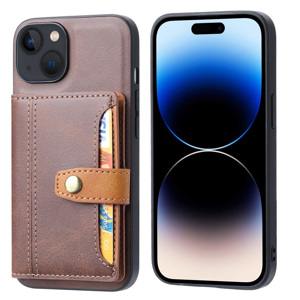 For iPhone 15 Calf Texture Card Holder Kickstand Phone Case PU Leather Coated TPU Anti-fall Cover
