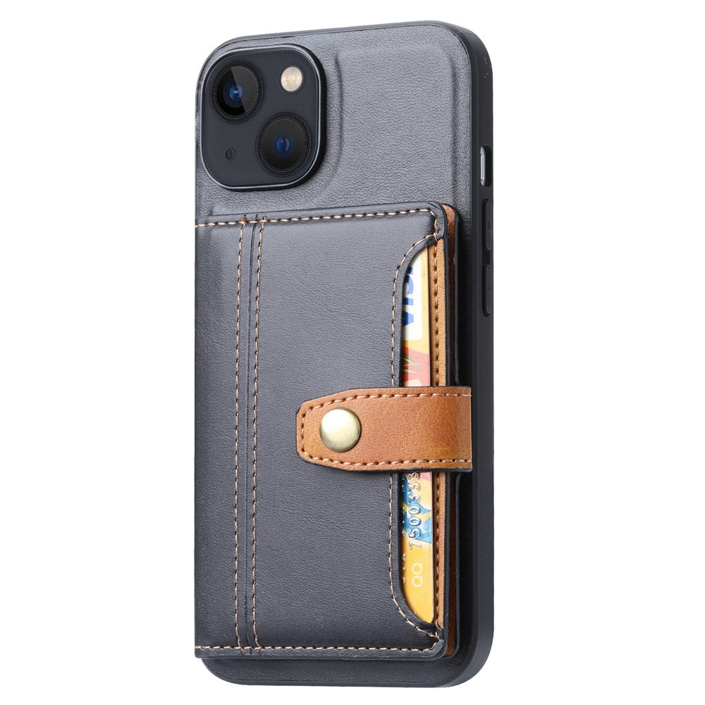 For iPhone 15 Calf Texture Card Holder Kickstand Phone Case PU Leather Coated TPU Anti-fall Cover