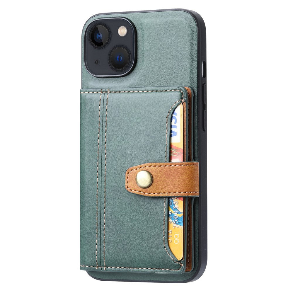 For iPhone 15 Calf Texture Card Holder Kickstand Phone Case PU Leather Coated TPU Anti-fall Cover