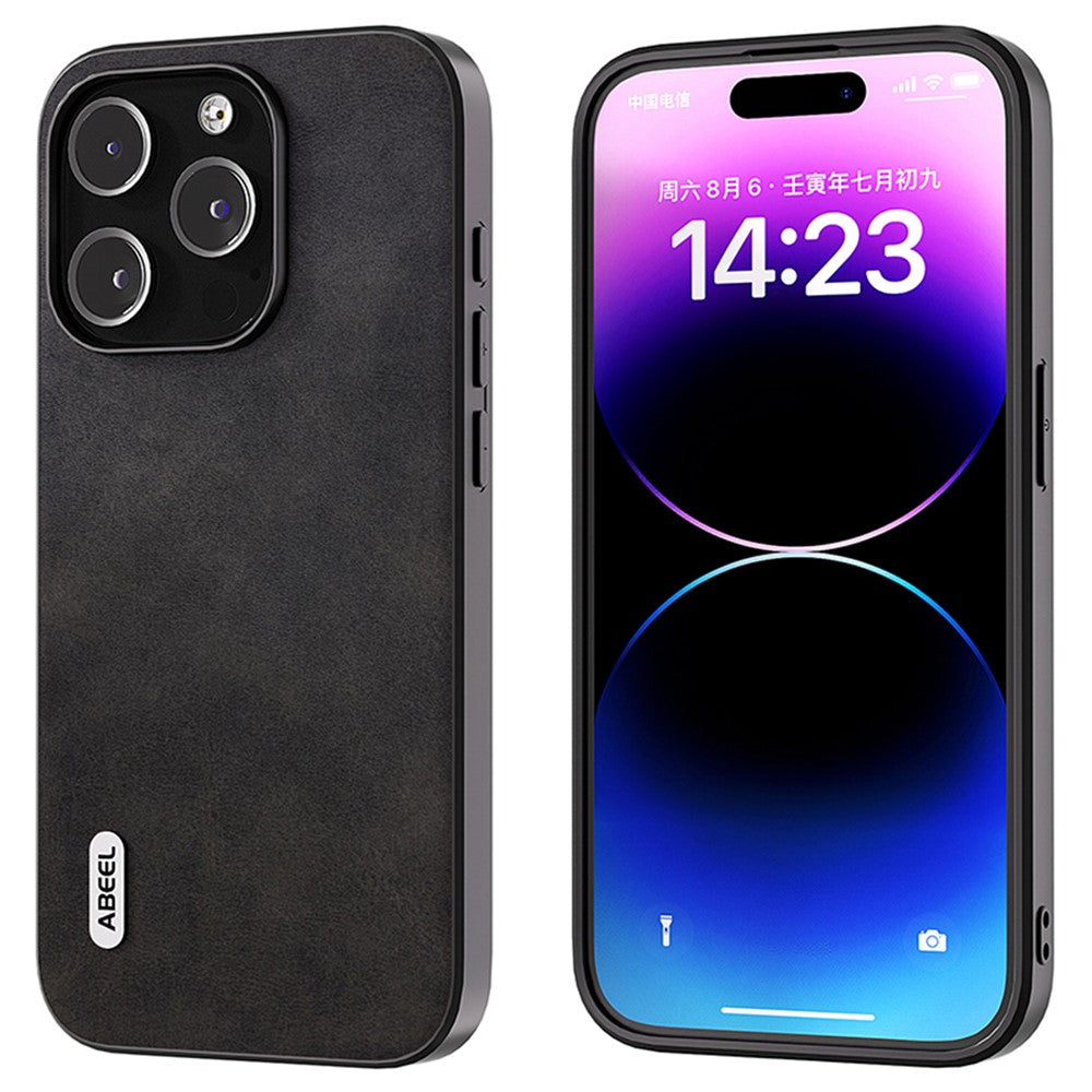 ABEEL For iPhone 15 Pro Max Back Cover Cowhide Texture PU Leather Coated TPU Phone Case