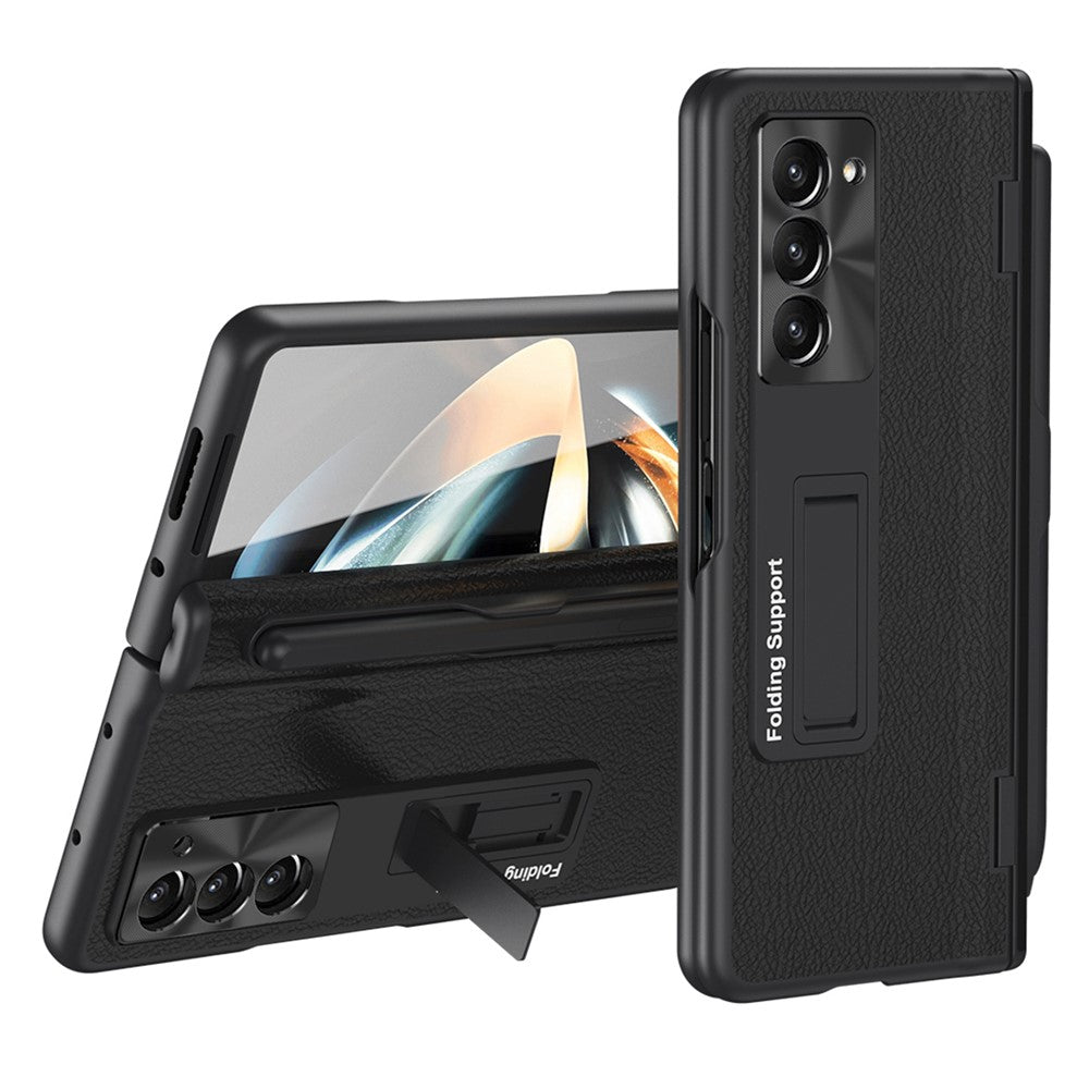 For Samsung Galaxy Z Fold5 5G Kickstand Case Hinge Protection PU Leather PC Cover with Tempered Glass Film, Pen