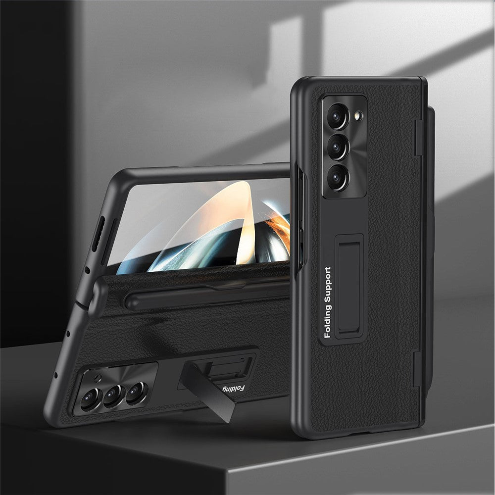 For Samsung Galaxy Z Fold5 5G Kickstand Case Hinge Protection PU Leather PC Cover with Tempered Glass Film, Pen
