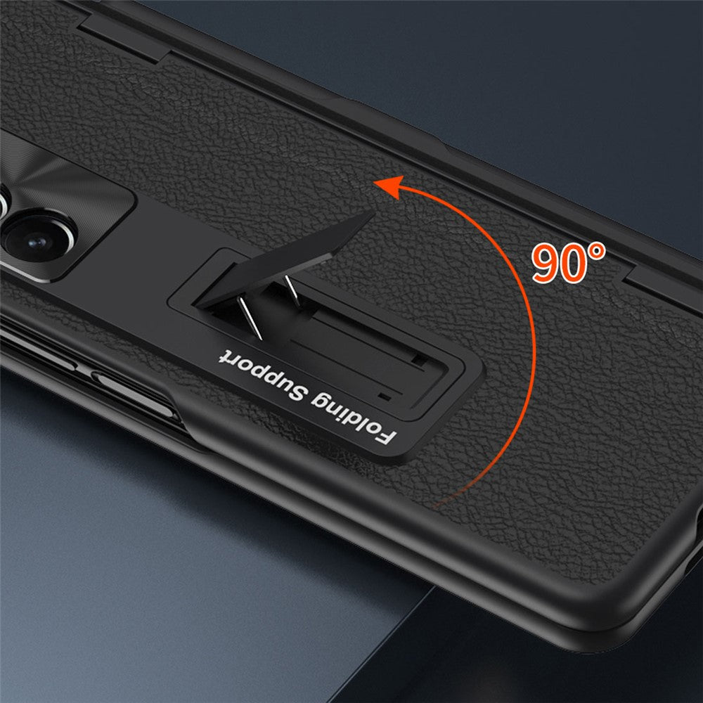 For Samsung Galaxy Z Fold5 5G Kickstand Case Hinge Protection PU Leather PC Cover with Tempered Glass Film, Pen