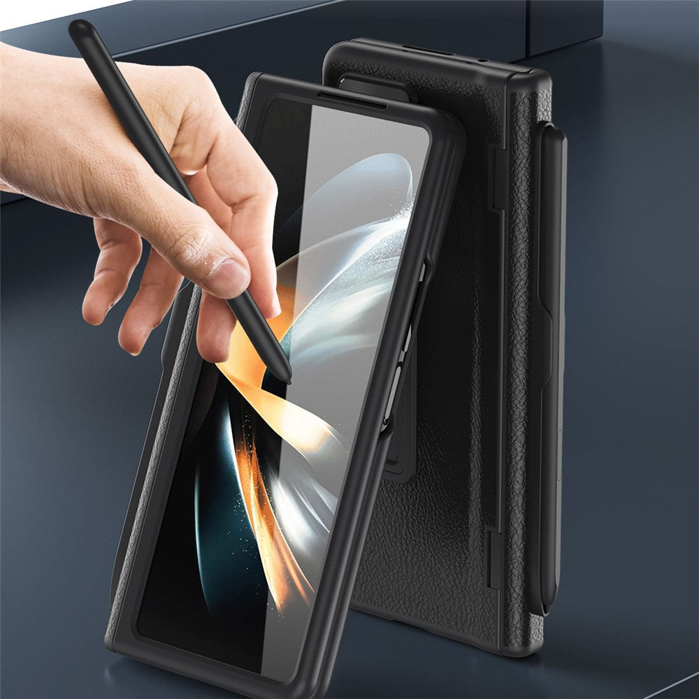 For Samsung Galaxy Z Fold5 5G Kickstand Case Hinge Protection PU Leather PC Cover with Tempered Glass Film, Pen