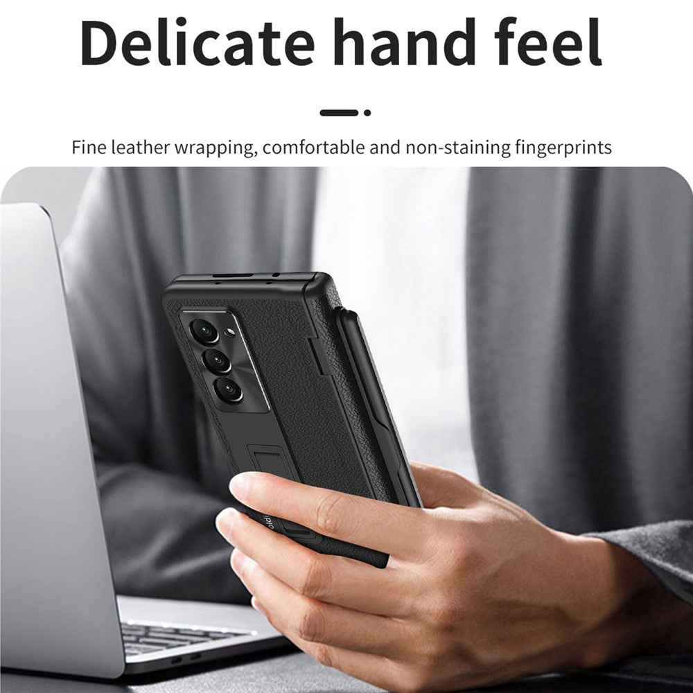 For Samsung Galaxy Z Fold5 5G Kickstand Case Hinge Protection PU Leather PC Cover with Tempered Glass Film, Pen
