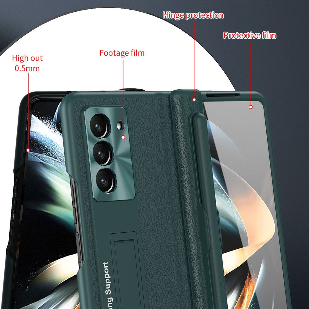 For Samsung Galaxy Z Fold5 5G Kickstand Case Hinge Protection PU Leather PC Cover with Tempered Glass Film, Pen