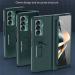 For Samsung Galaxy Z Fold5 5G Kickstand Case Hinge Protection PU Leather PC Cover with Tempered Glass Film, Pen