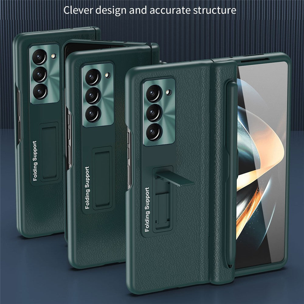For Samsung Galaxy Z Fold5 5G Kickstand Case Hinge Protection PU Leather PC Cover with Tempered Glass Film, Pen
