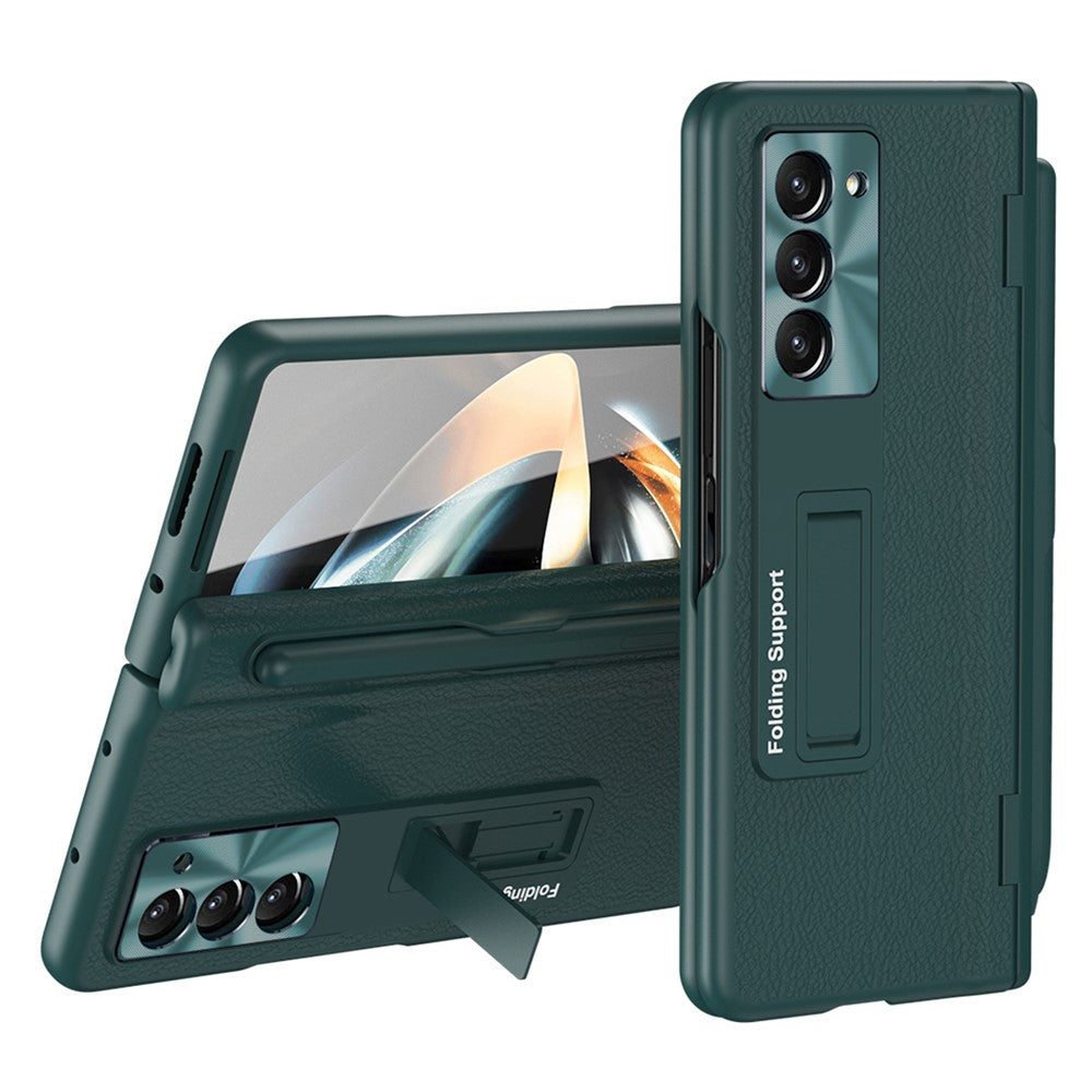 For Samsung Galaxy Z Fold5 5G Kickstand Case Hinge Protection PU Leather PC Cover with Tempered Glass Film, Pen
